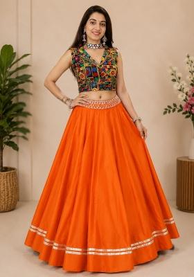 Orange Kutch Work Rayon Chaniya Choli Set For Navratri And Garba