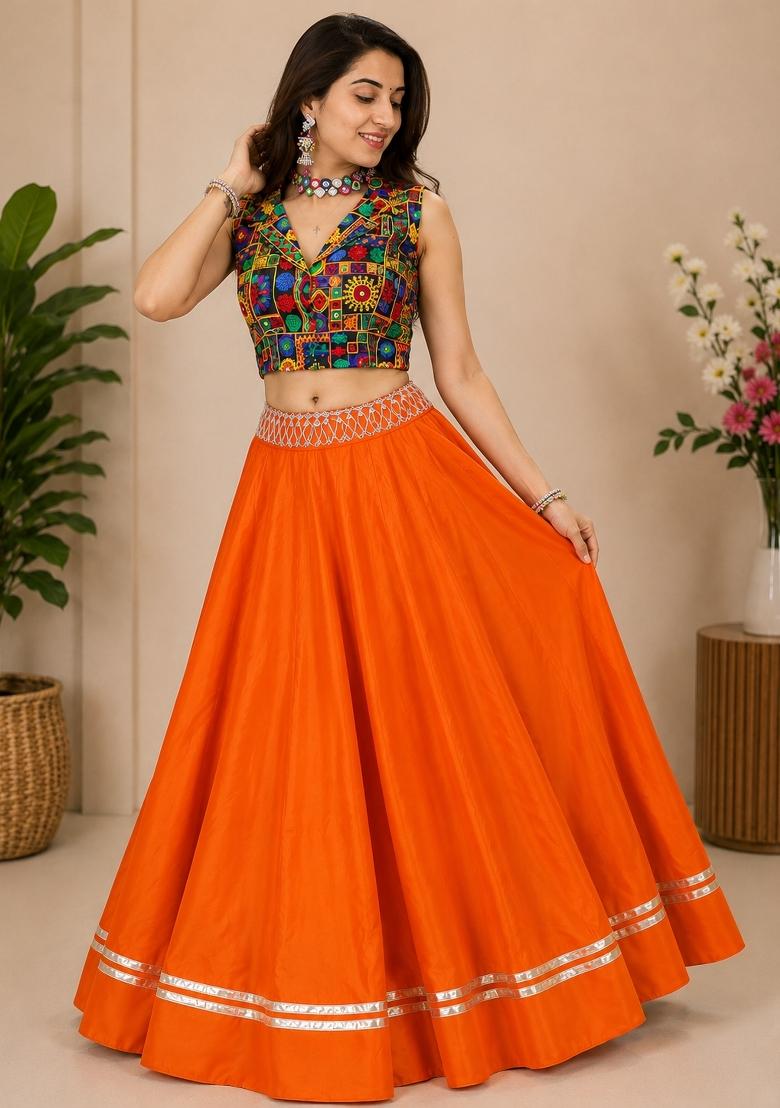 Orange Kutch Work Rayon Chaniya Choli Set For Navratri And Garba - Indya