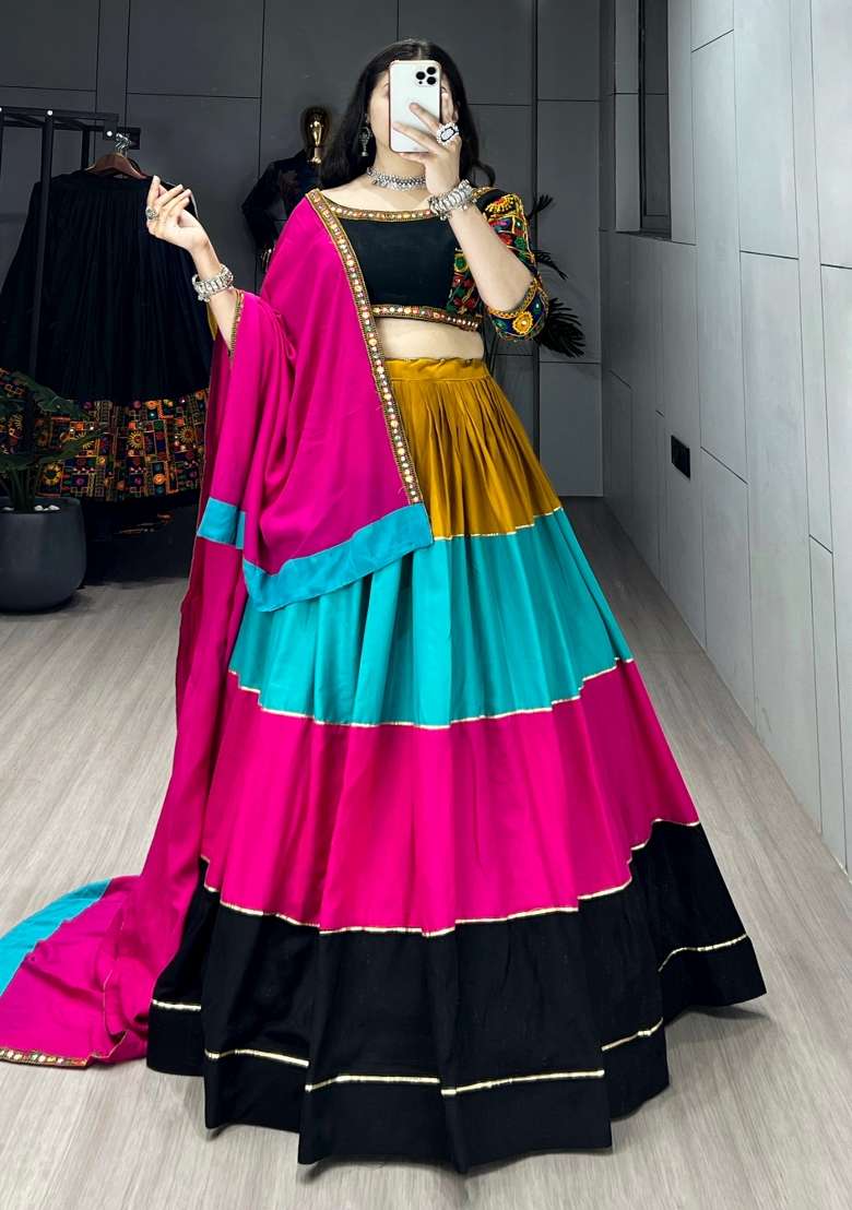 Multicolor Kutch Work Rayon Chaniya Choli Set For Navratri And Garba for Diwali | Wedding & Festive Wear - Indya