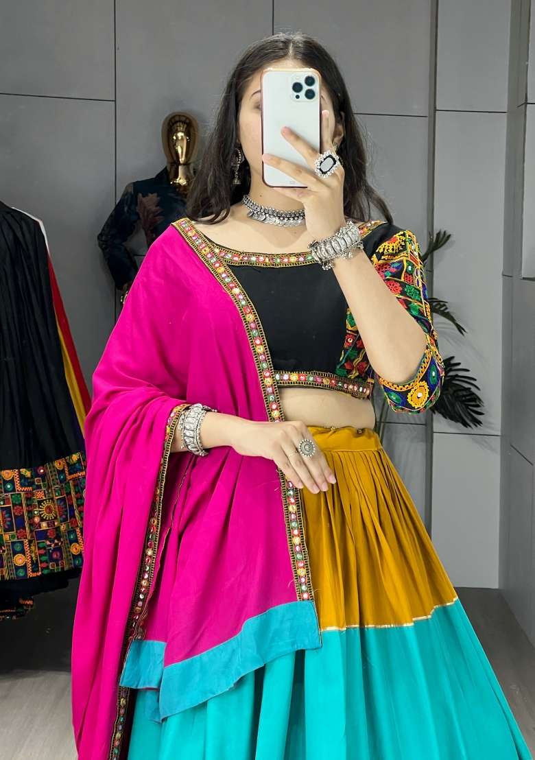 Multicolor Kutch Work Rayon Chaniya Choli Set For Navratri And Garba for Diwali | Wedding & Festive Wear - Indya