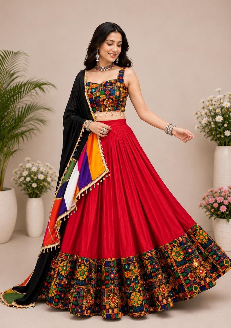 Red Kutch Work Rayon Chaniya Choli Set For Navratri And Garba - Indya