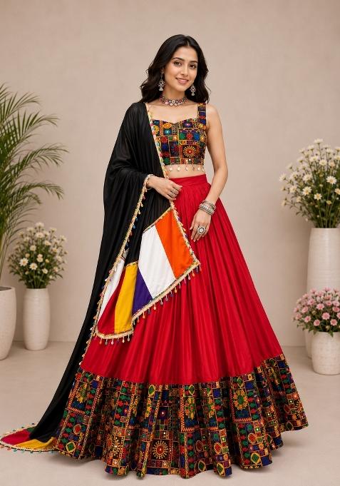 Red Kutch Work Rayon Chaniya Choli Set For Navratri And Garba