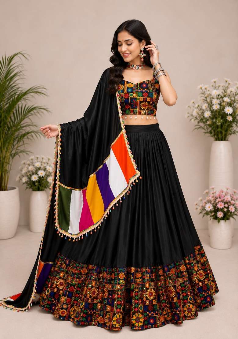 Black Kutch Work Rayon Chaniya Choli Set For Navratri And Garba for Diwali and Festive Wear - Indya