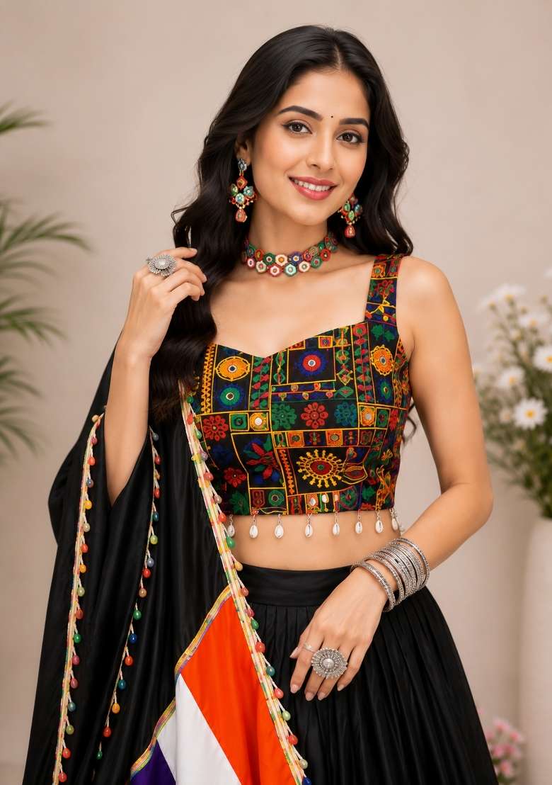 Black Kutch Work Rayon Chaniya Choli Set For Navratri And Garba for Diwali and Festive Wear - Indya