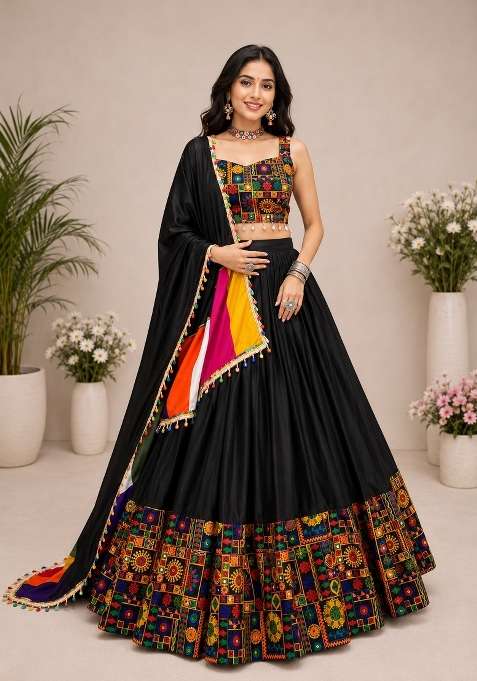Black Kutch Work Rayon Chaniya Choli Set For Navratri And Garba for Diwali and Festive Wear