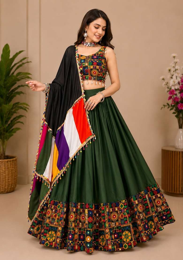 Mehendi Kutch Work Rayon Chaniya Choli Set For Navratri And Garba for Diwali and Festive Wear - Indya