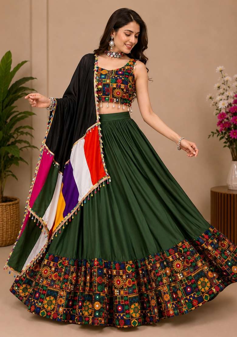 Mehendi Kutch Work Rayon Chaniya Choli Set For Navratri And Garba for Diwali and Festive Wear - Indya