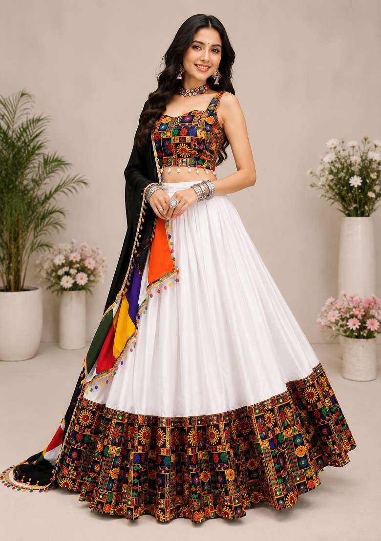 White Kutch Work Rayon Chaniya Choli Set For Navratri And Garba for Diwali and Festive Wear - Indya