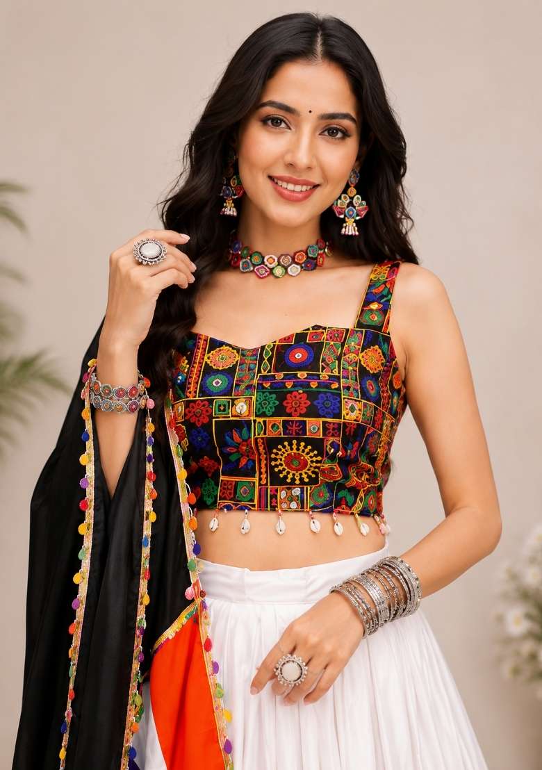 White Kutch Work Rayon Chaniya Choli Set For Navratri And Garba for Diwali and Festive Wear - Indya