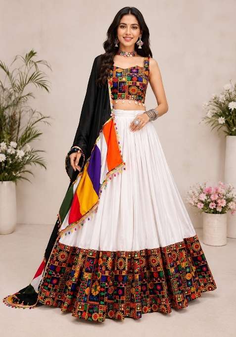White Kutch Work Rayon Chaniya Choli Set For Navratri And Garba for Diwali and Festive Wear