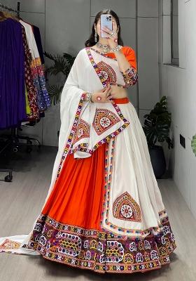 Orange Kutch Work Rayon Chaniya Choli Set For Navratri And Garba