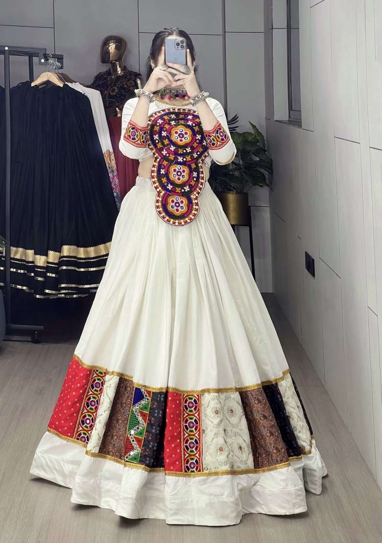 White Kutch Work Rayon Chaniya Choli Set For Navratri And Garba for Diwali | Wedding & Festive Wear - Indya