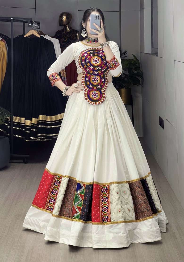 White Kutch Work Rayon Chaniya Choli Set For Navratri And Garba for Diwali | Wedding & Festive Wear - Indya