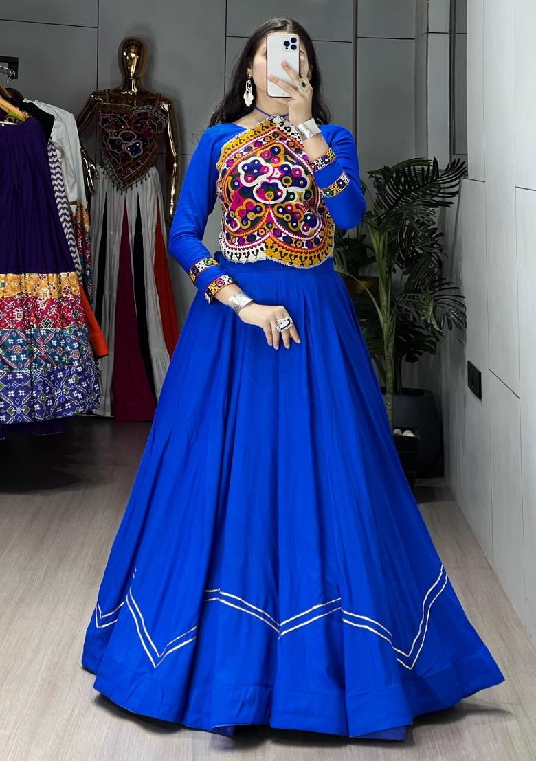 Royal Blue Kutch Work Rayon Chaniya Choli Set For Navratri And Garba - Indya