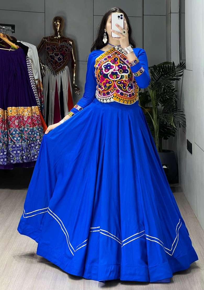 Royal Blue Kutch Work Rayon Chaniya Choli Set For Navratri And Garba for Diwali and Festive Wear - Indya