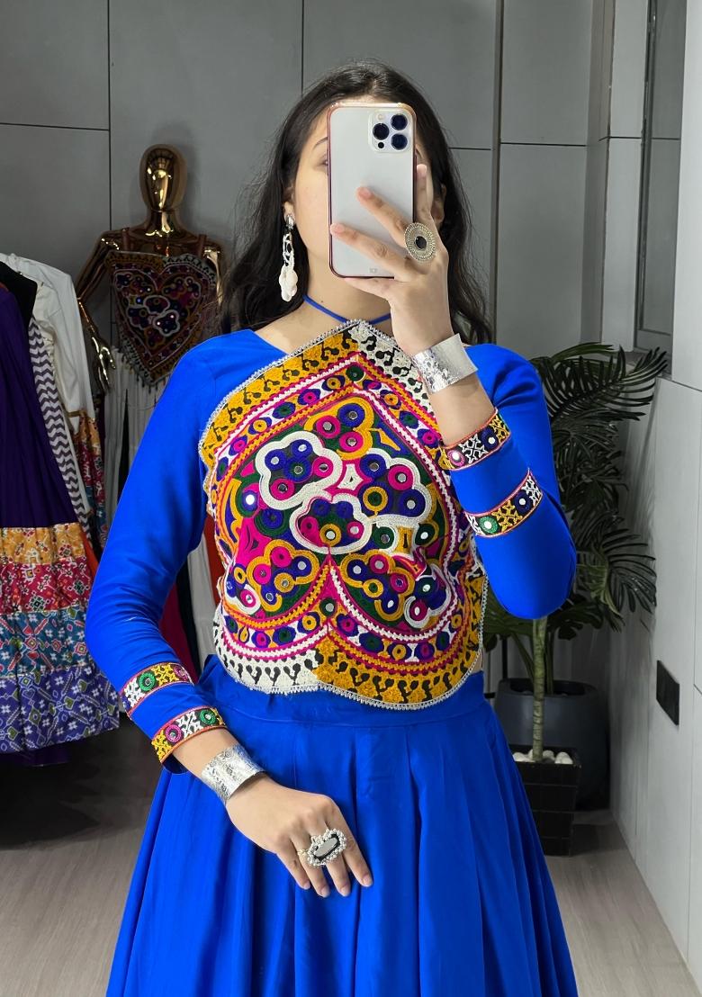 Royal Blue Kutch Work Rayon Chaniya Choli Set For Navratri And Garba - Indya