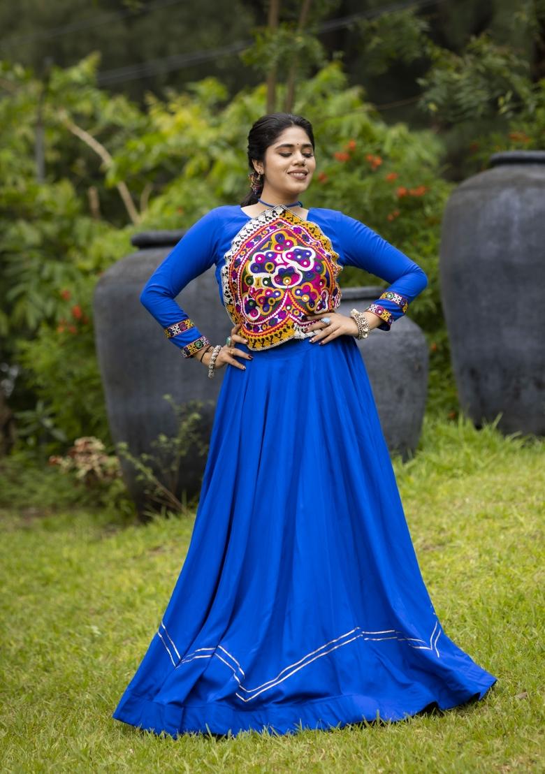 Royal Blue Kutch Work Rayon Chaniya Choli Set For Navratri And Garba - Indya