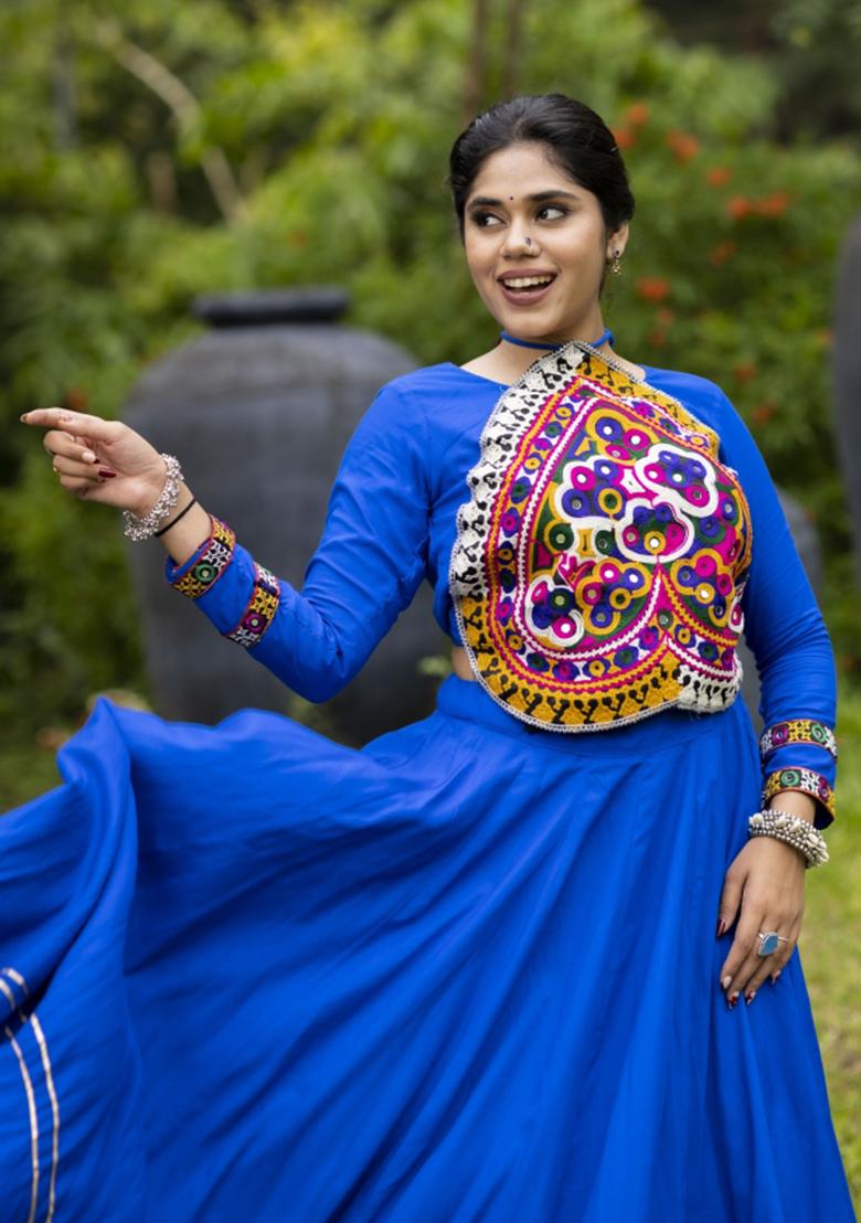 Royal Blue Kutch Work Rayon Chaniya Choli Set For Navratri And Garba - Indya