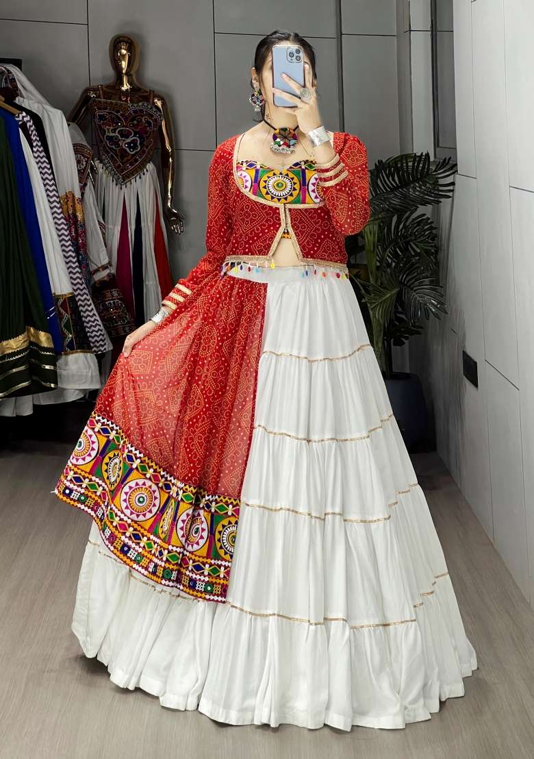 White Kutch Work Rayon Chaniya Choli Set For Navratri And Garba for Diwali | Wedding & Festive Wear - Indya