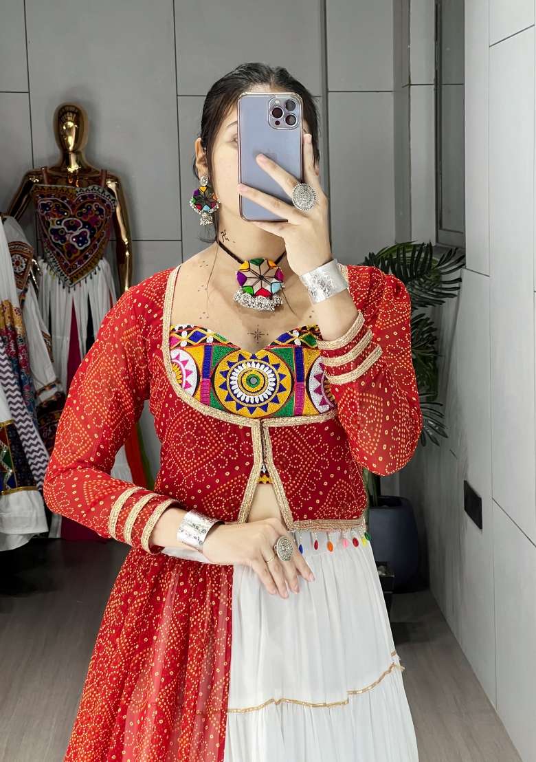 White Kutch Work Rayon Chaniya Choli Set For Navratri And Garba for Diwali | Wedding & Festive Wear - Indya