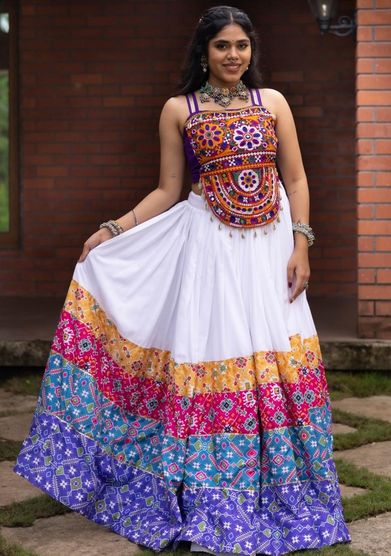 White Kutch Work Rayon Chaniya Choli Set For Navratri And Garba - Indya