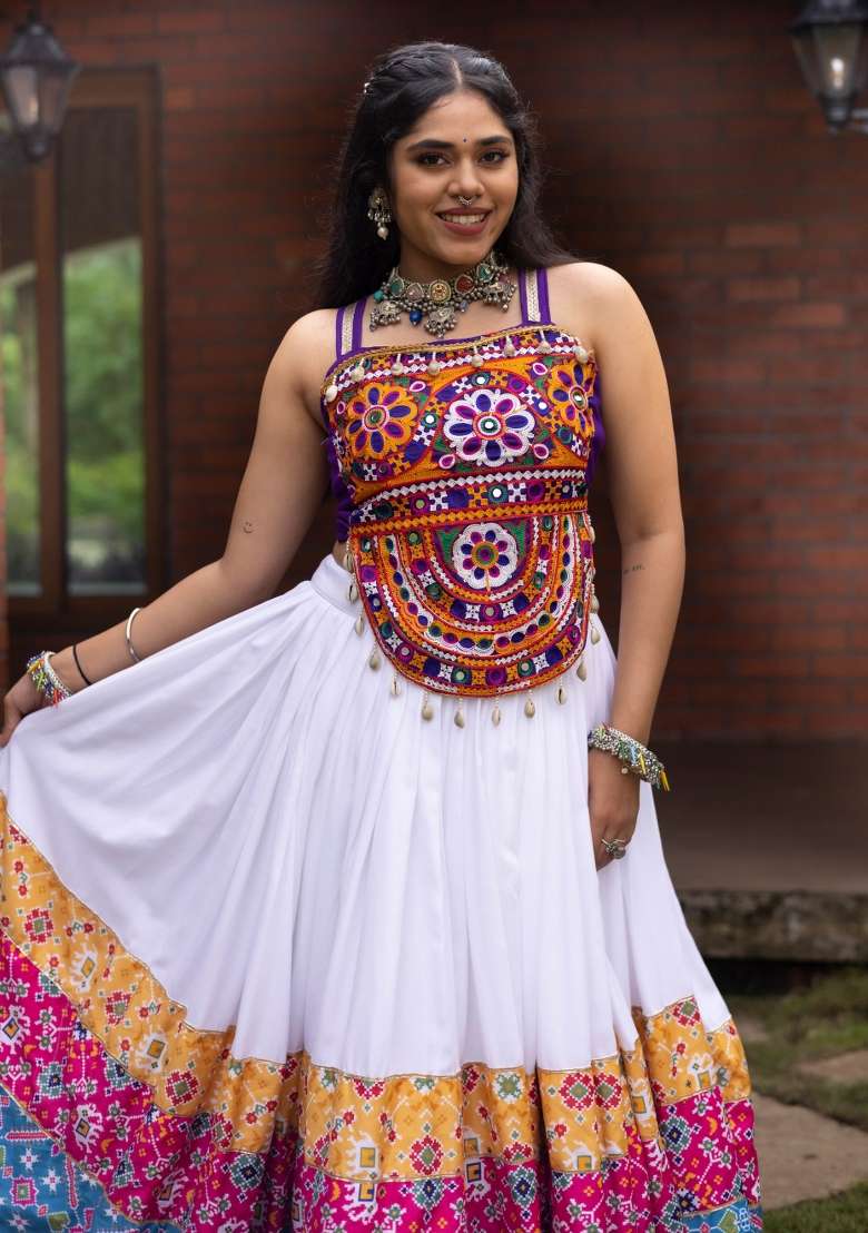 White Kutch Work Rayon Chaniya Choli Set For Navratri And Garba for Diwali and Festive Wear - Indya