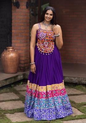 Purple Kutch Work Rayon Chaniya Choli Set For Navratri And Garba