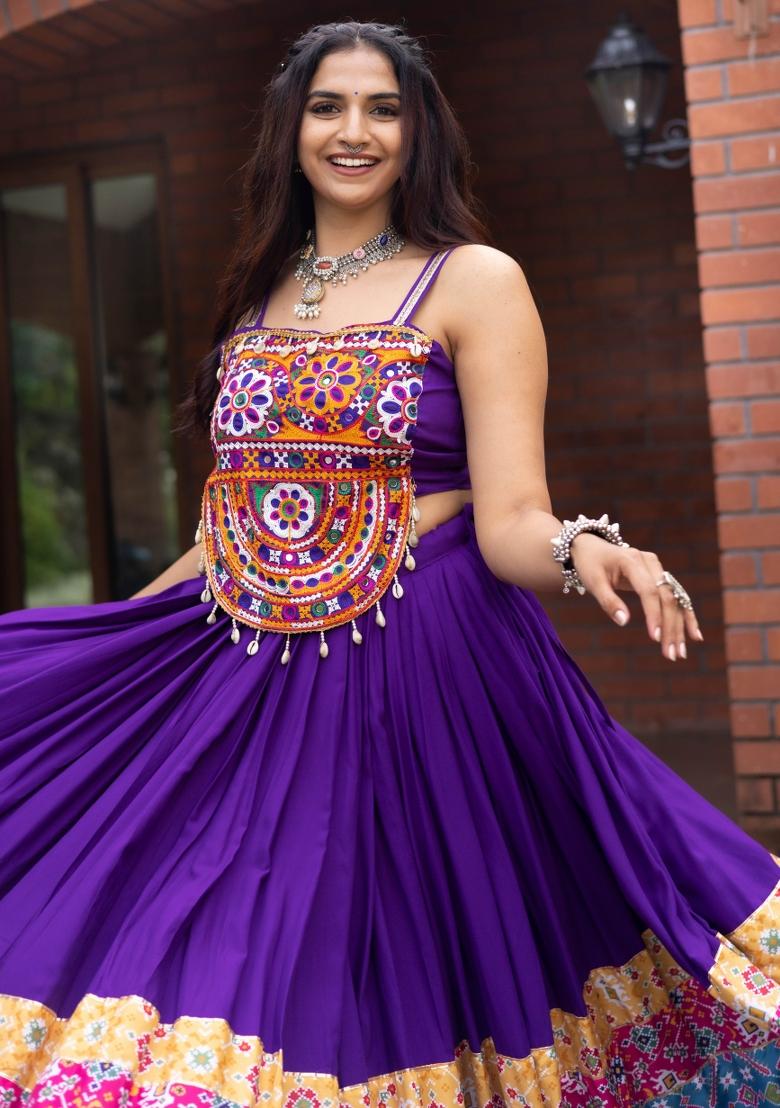 Purple Kutch Work Rayon Chaniya Choli Set For Navratri And Garba - Indya