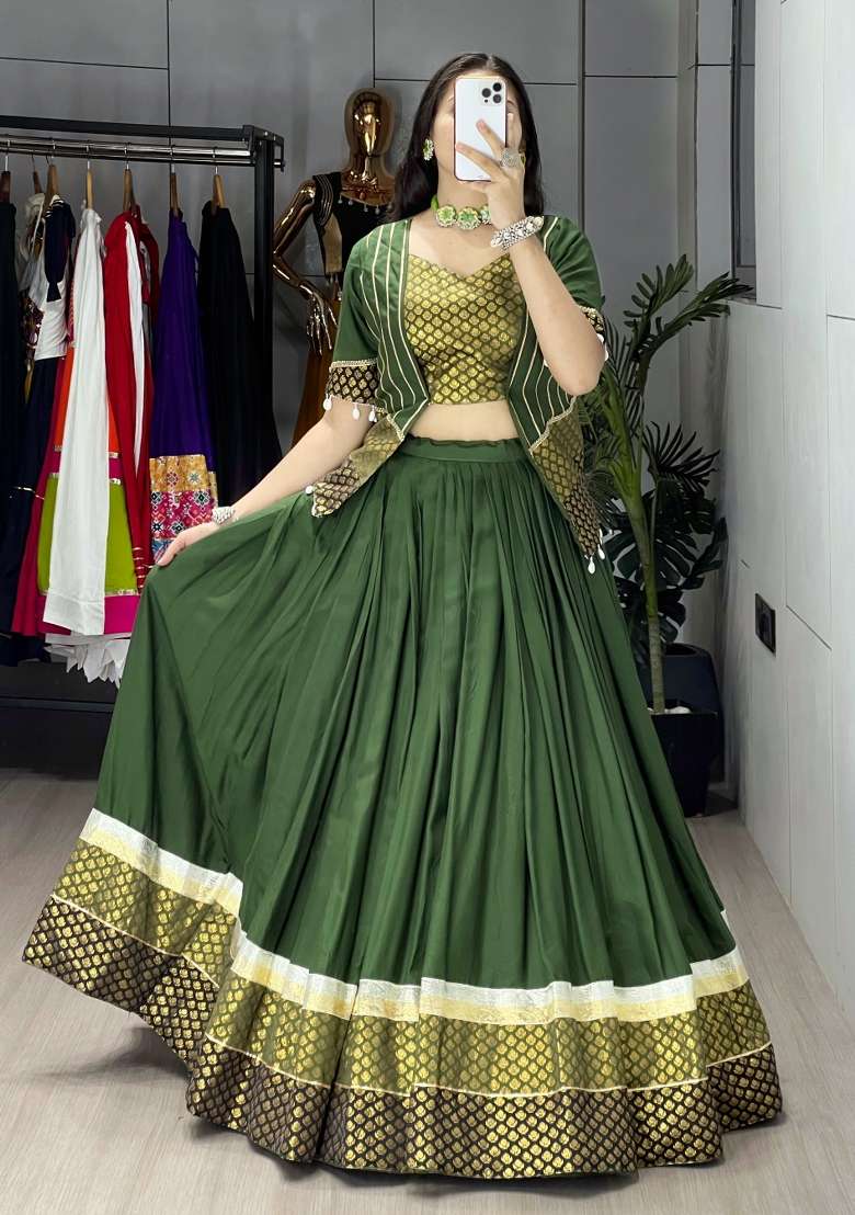 Mehendi Weaving Work Rayon Chaniya Choli Set For Navratri And Garba for Diwali | Wedding & Festive Wear - Indya