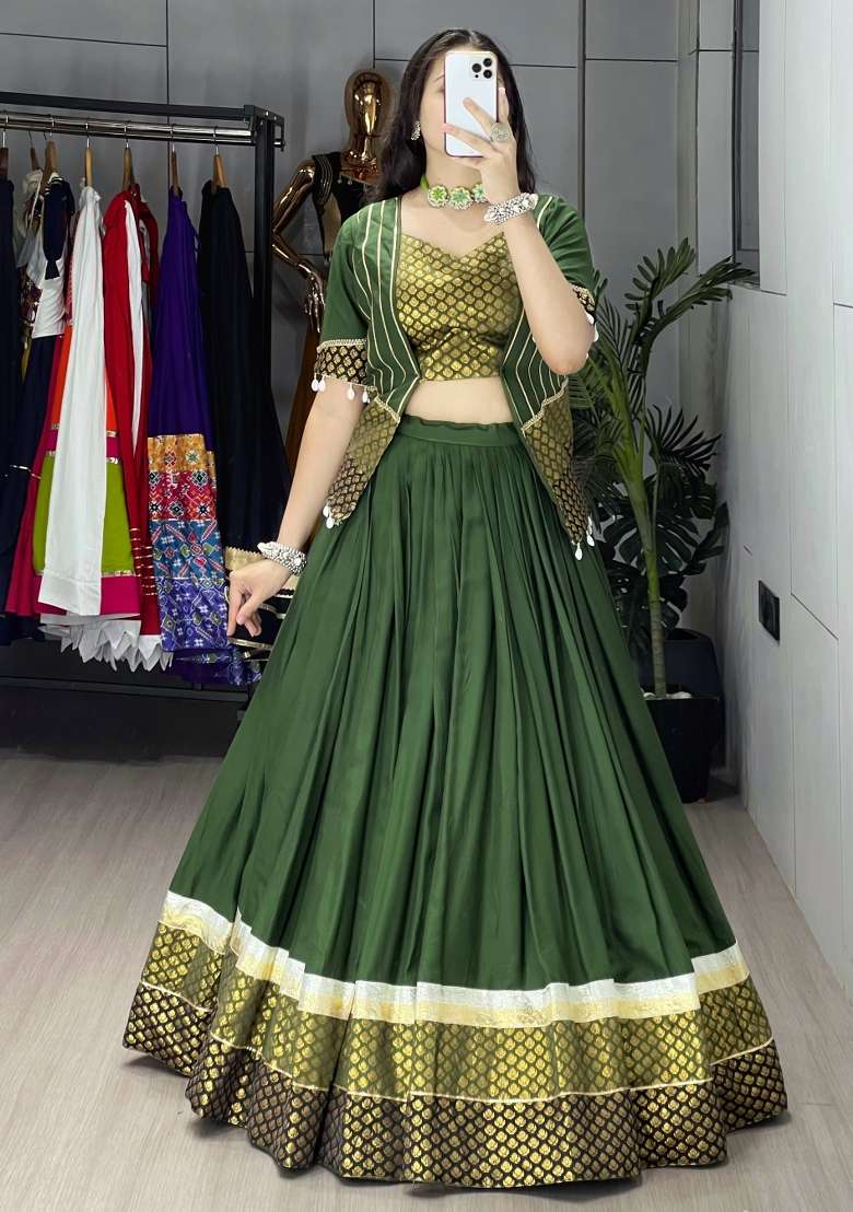 Mehendi Weaving Work Rayon Chaniya Choli Set For Navratri And Garba for Diwali | Wedding & Festive Wear - Indya