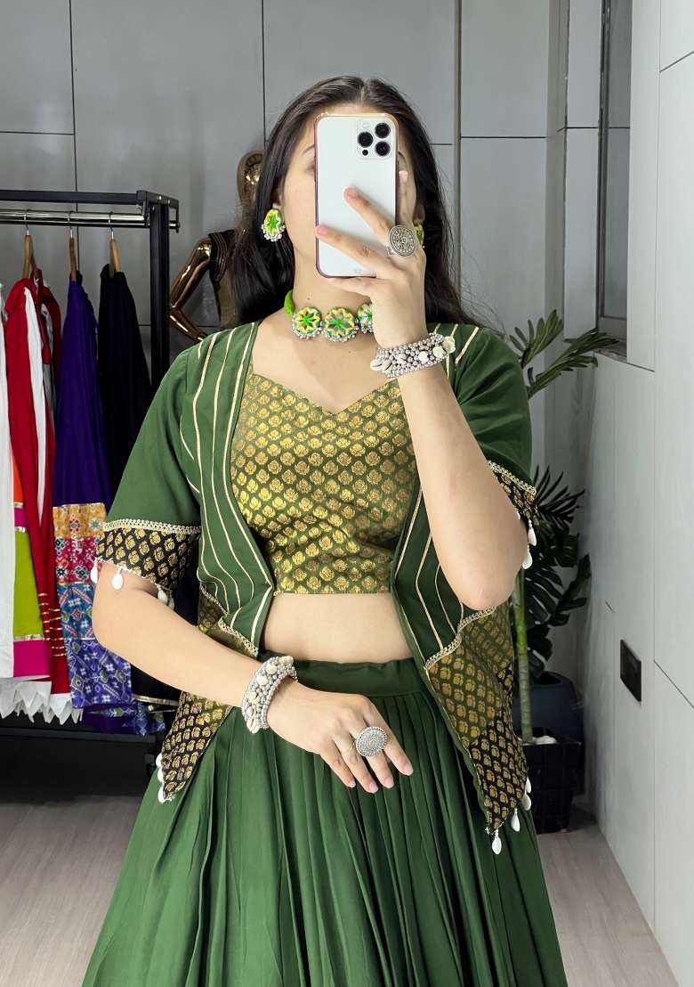 Mehendi Weaving Work Rayon Chaniya Choli Set For Navratri And Garba for Diwali | Wedding & Festive Wear - Indya