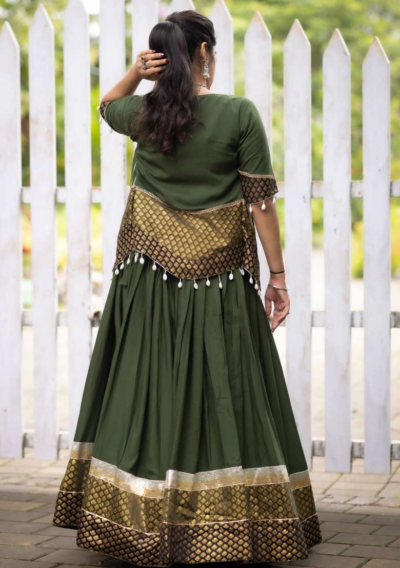 Mehendi Weaving Work Rayon Chaniya Choli Set For Navratri And Garba for Diwali | Wedding & Festive Wear - Indya