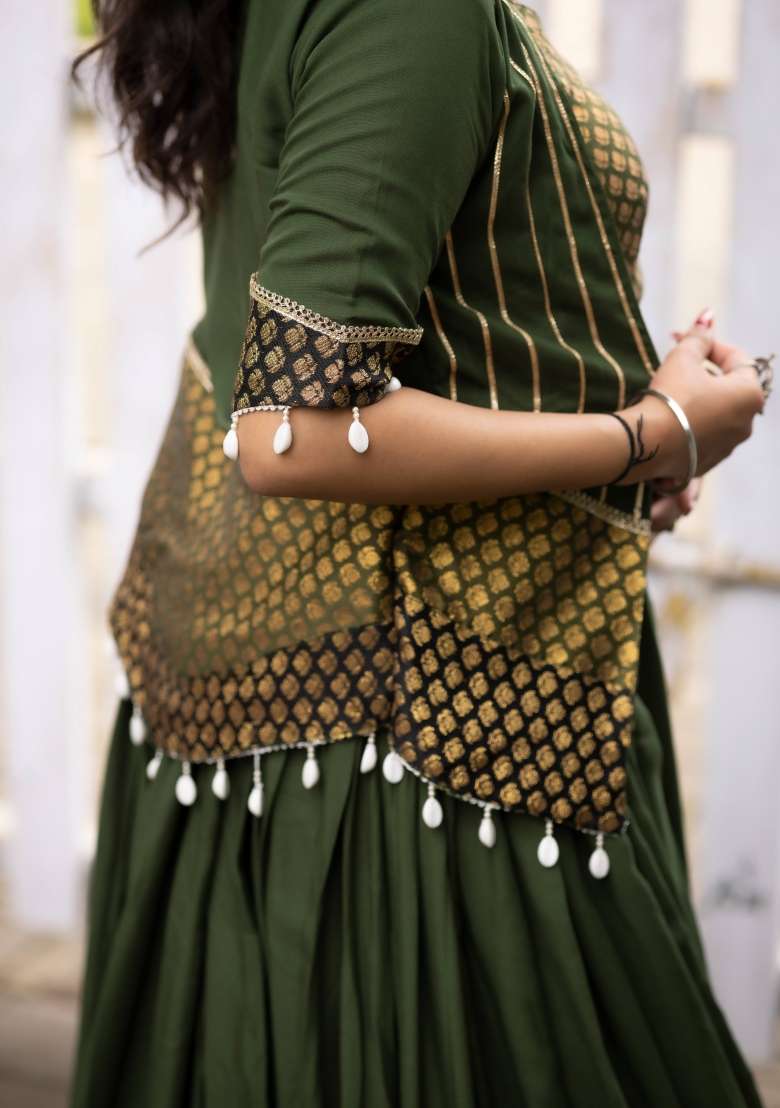 Mehendi Weaving Work Rayon Chaniya Choli Set For Navratri And Garba for Diwali | Wedding & Festive Wear - Indya