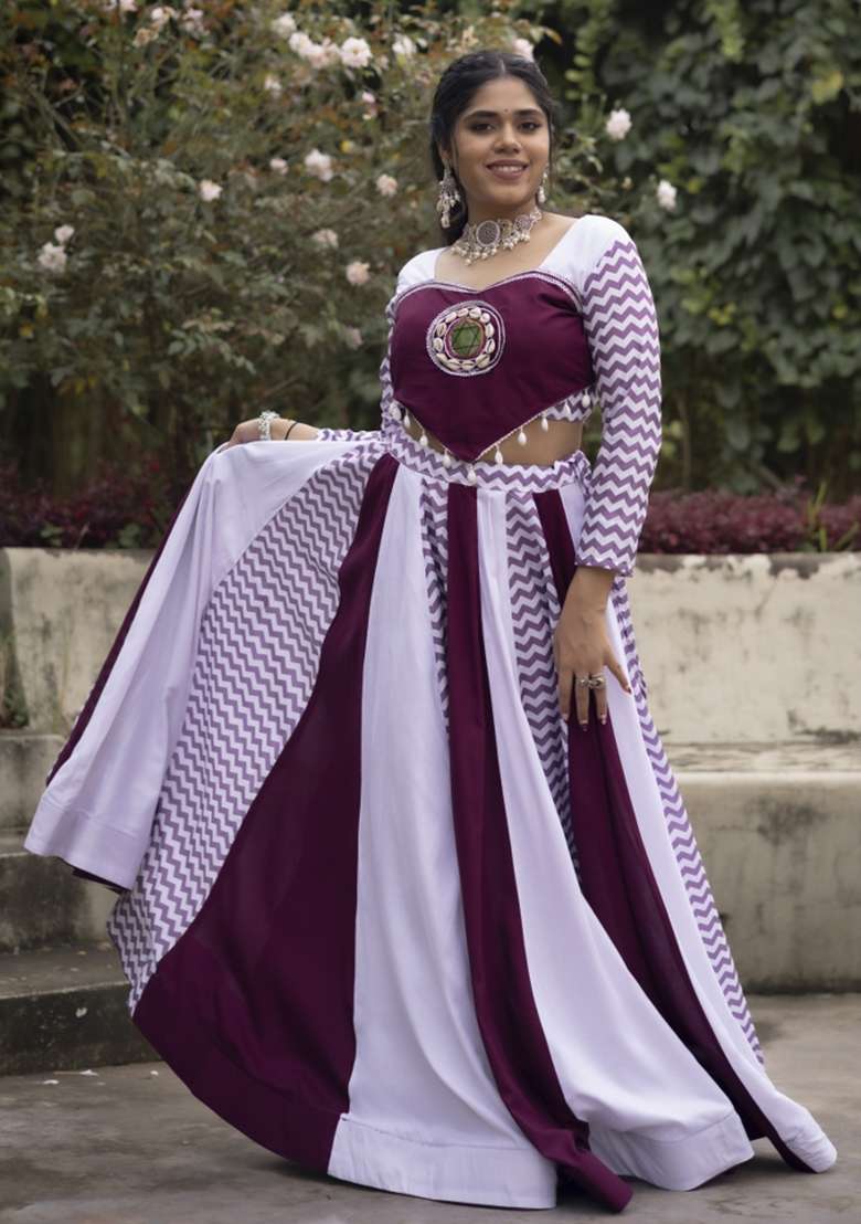 Wine Printed Rayon Chaniya Choli Set For Navratri And Garba for Diwali | Wedding & Festive Wear - Indya