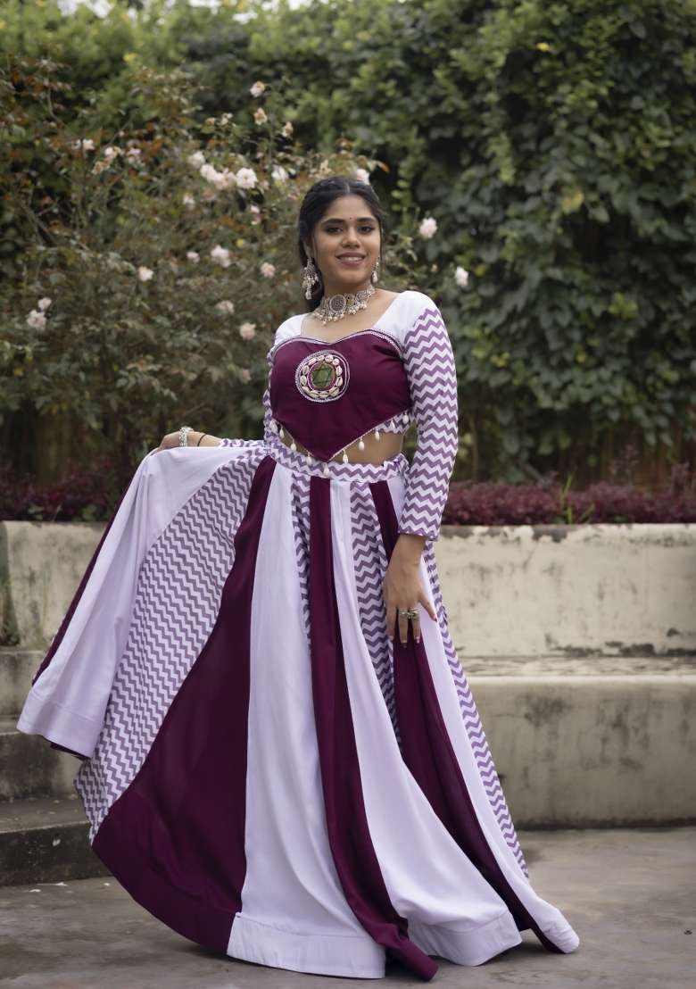 Wine Printed Rayon Chaniya Choli Set For Navratri And Garba for Diwali | Wedding & Festive Wear - Indya