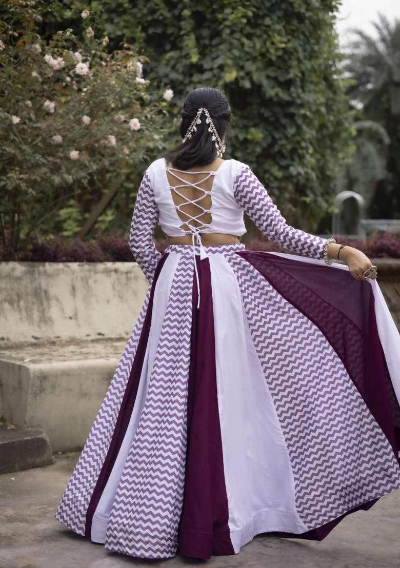 Wine Printed Rayon Chaniya Choli Set For Navratri And Garba for Diwali | Wedding & Festive Wear - Indya