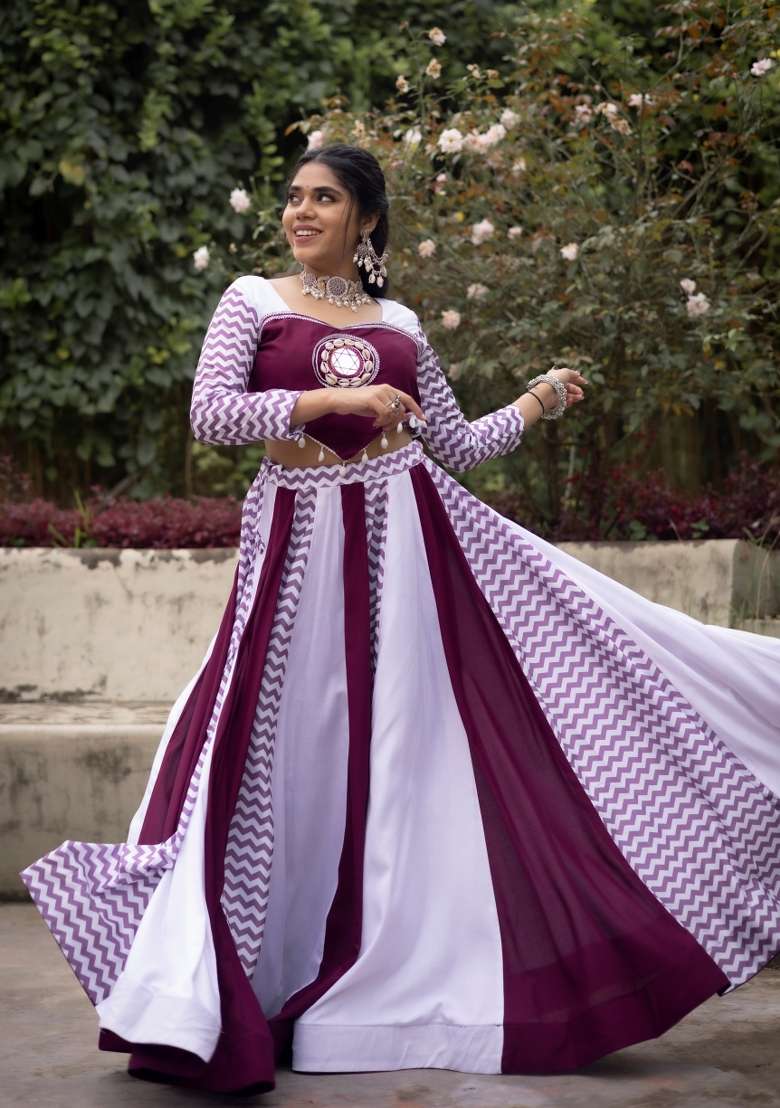 Wine Printed Rayon Chaniya Choli Set For Navratri And Garba for Diwali | Wedding & Festive Wear - Indya