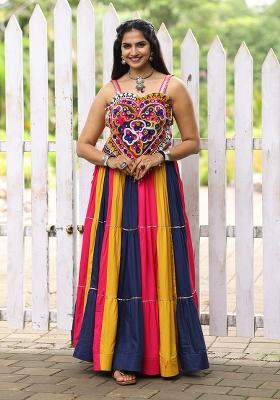 Multicolor Kutch Work Rayon Chaniya Choli Set For Navratri And Garba