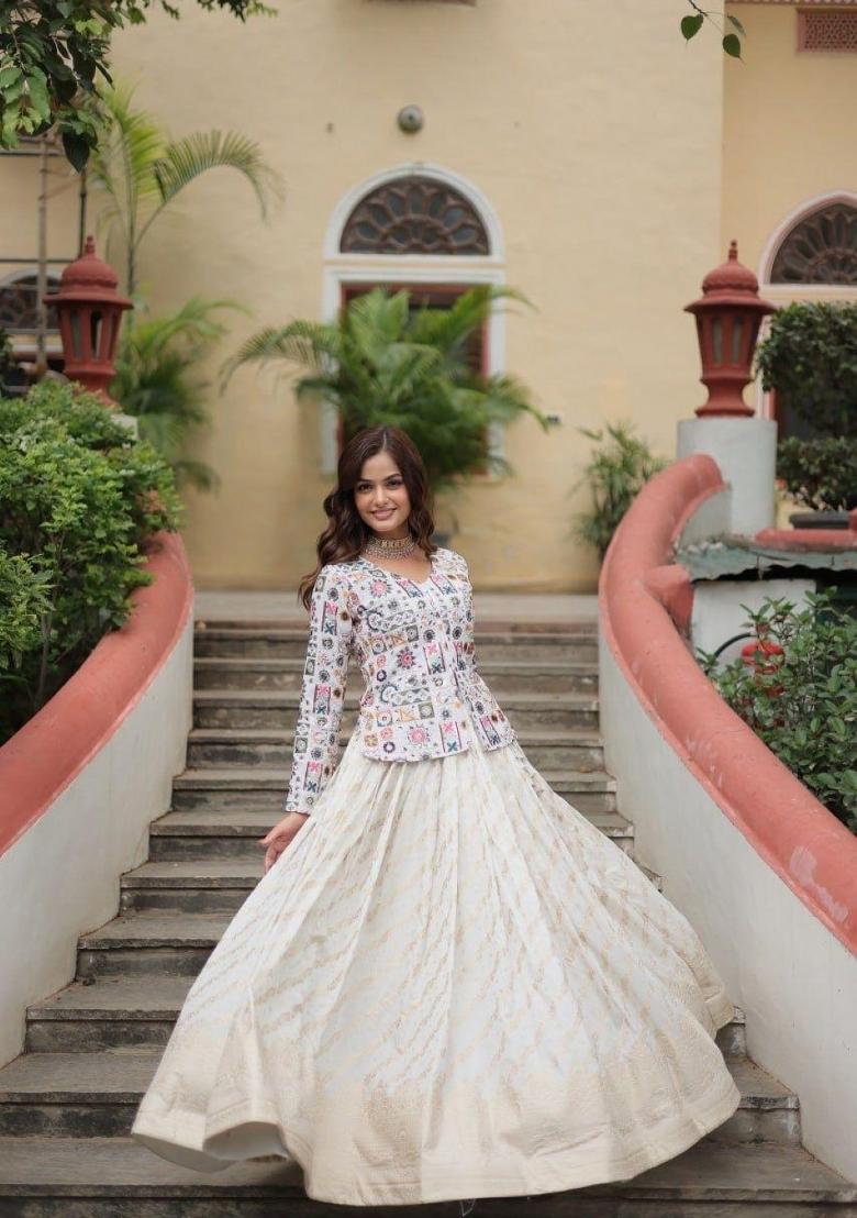 White Embroidery Viscose Chaniya Choli Set For Navratri And Garba - Indya