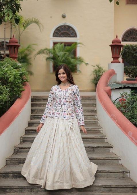 White Embroidery Viscose Chaniya Choli Set For Navratri And Garba