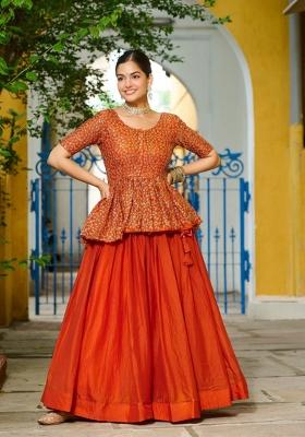 Orange Embroidery Silk Chaniya Choli Set For Navratri And Garba