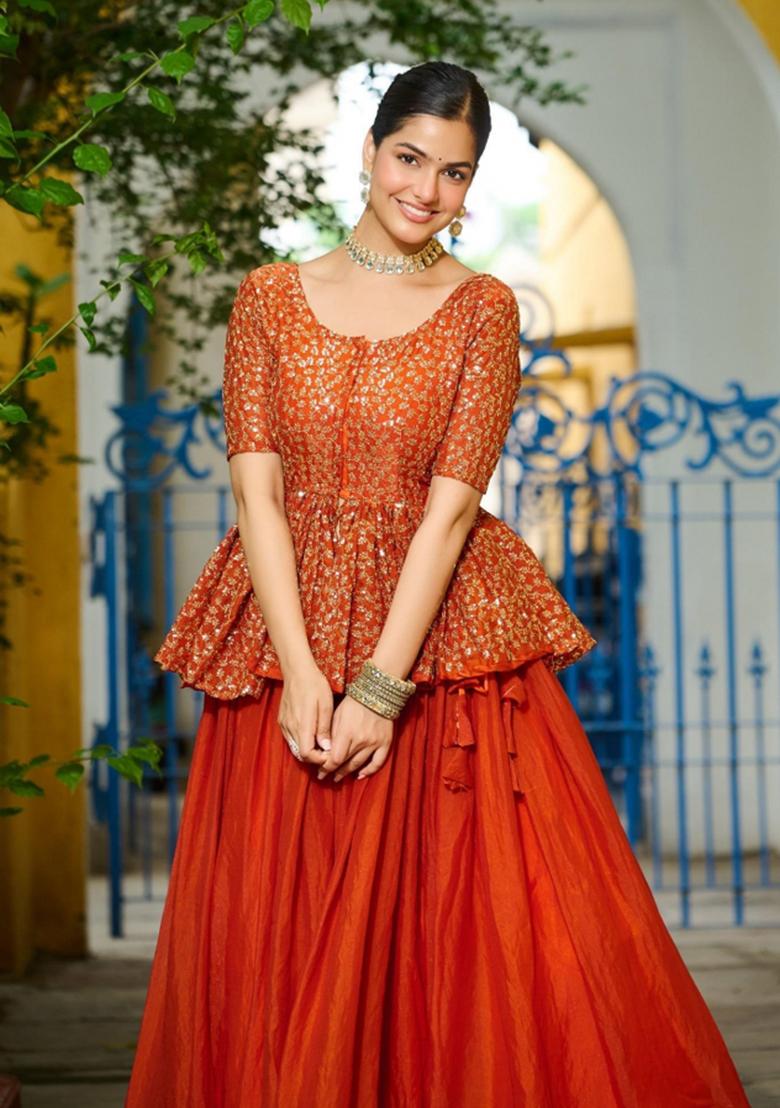 Orange Embroidery Silk Chaniya Choli Set For Navratri And Garba - Indya