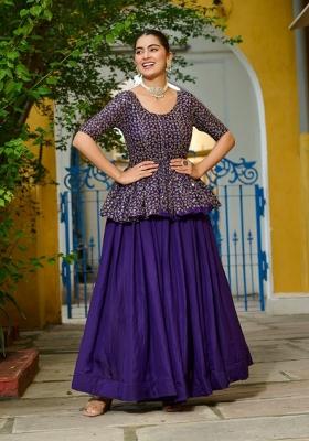 Violet Embroidery Silk Chaniya Choli Set For Navratri And Garba