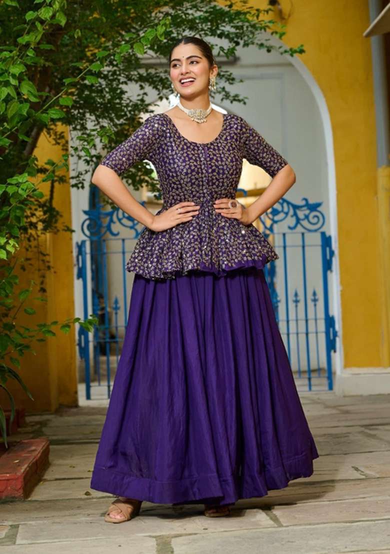 Violet Embroidery Silk Chaniya Choli Set For Navratri And Garba for Diwali and Festive Wear - Indya