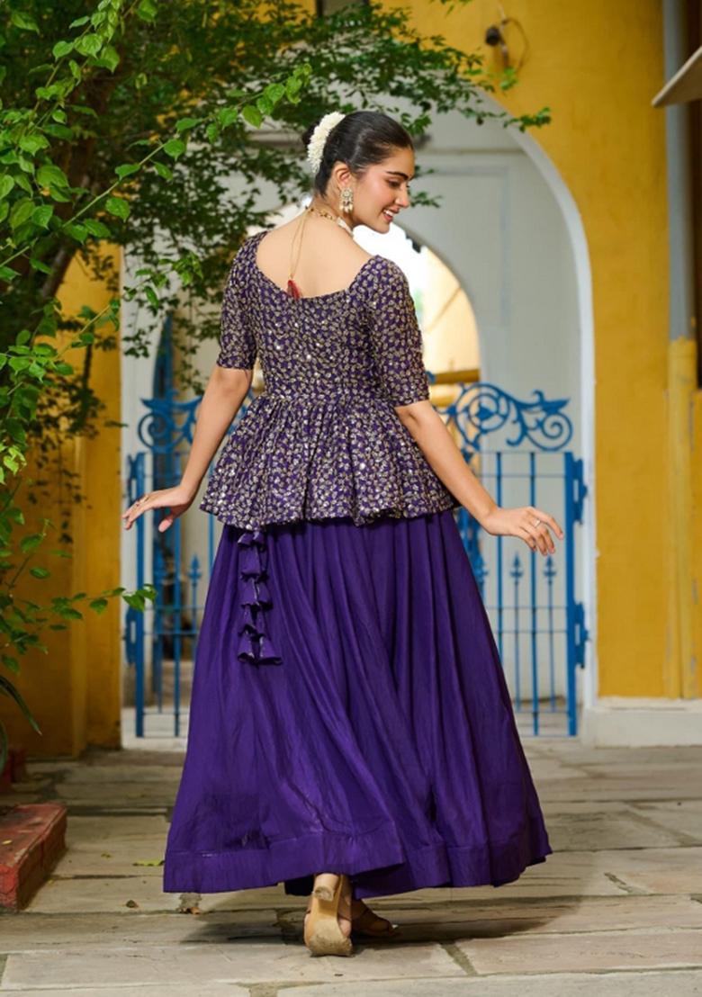 Violet Embroidery Silk Chaniya Choli Set For Navratri And Garba - Indya