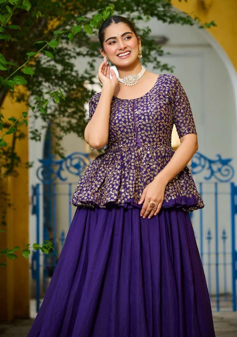 Violet Embroidery Silk Chaniya Choli Set For Navratri And Garba for Diwali and Festive Wear - Indya