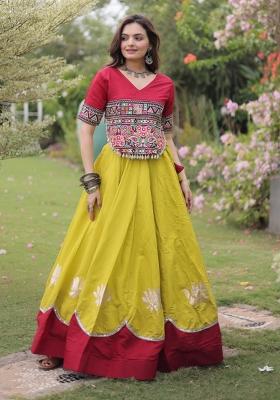Yellow Mirror Work Silk Chaniya Choli Set For Navratri And Garba