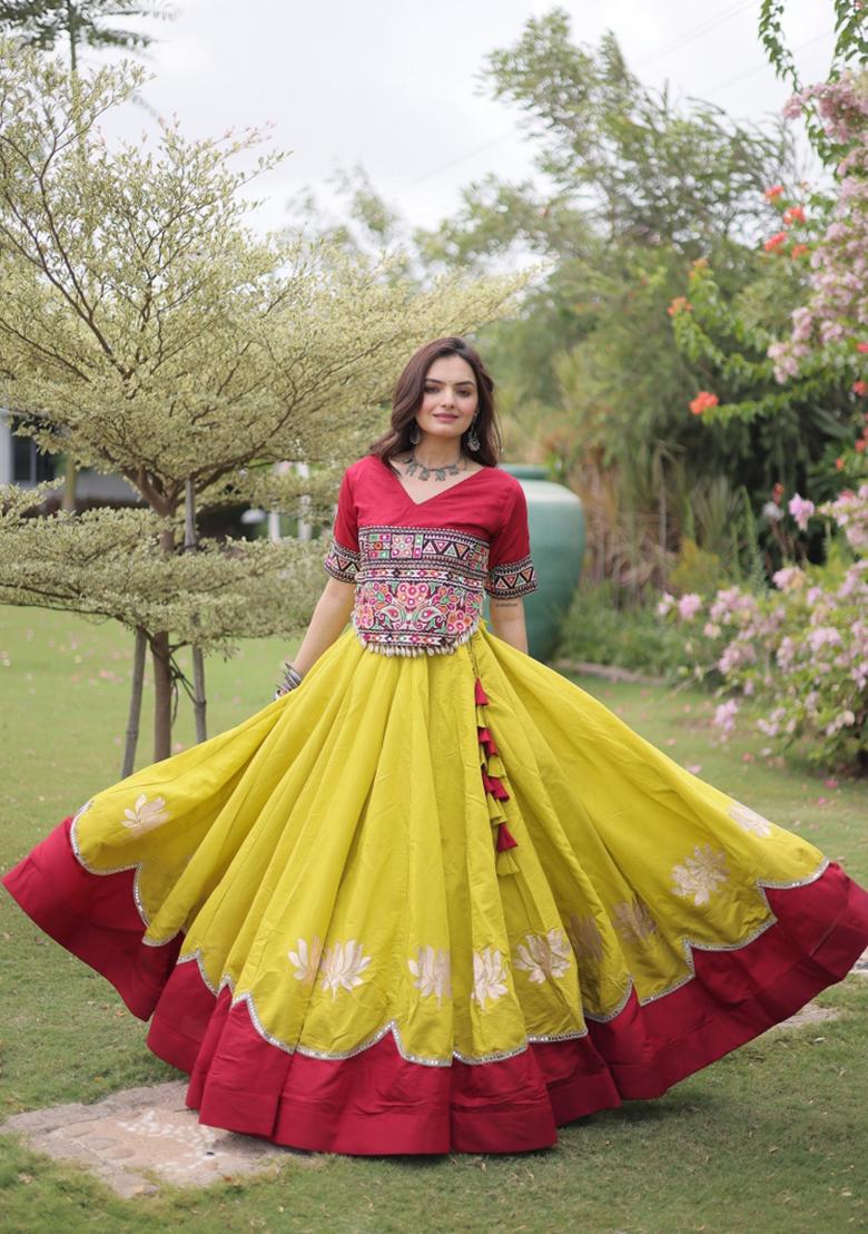 Yellow Mirror Work Silk Chaniya Choli Set For Navratri And Garba - Indya