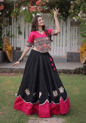 Black Mirror Work Silk Chaniya Choli Set For Navratri And Garba