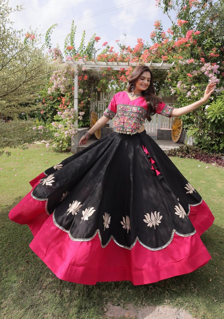 Black Mirror Work Silk Chaniya Choli Set For Navratri And Garba - Indya